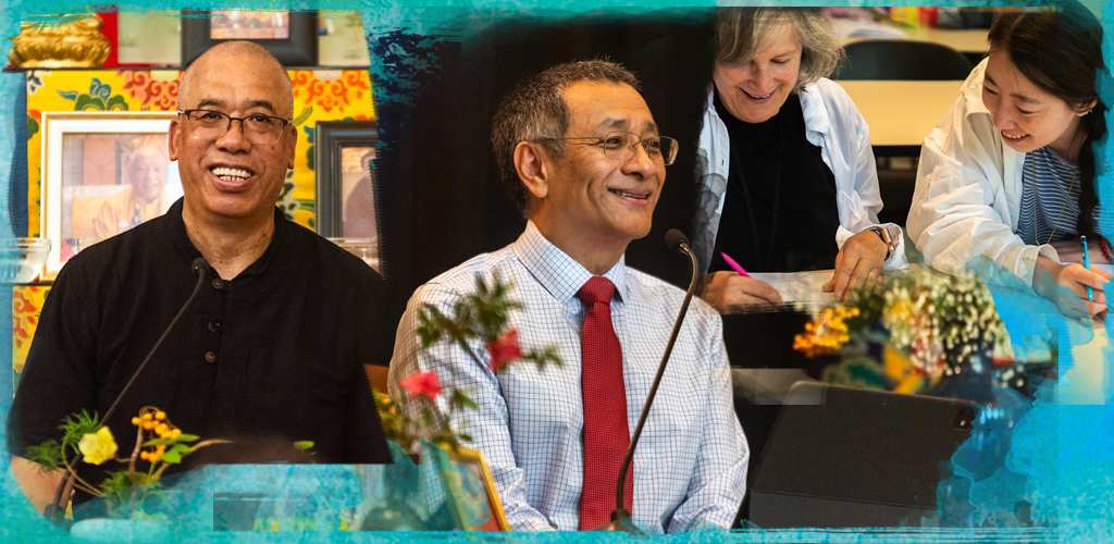 A collage of Dzogchen Ponlop Rinpoche, Acharya Lama Tenpa Gyaltsen, and students.